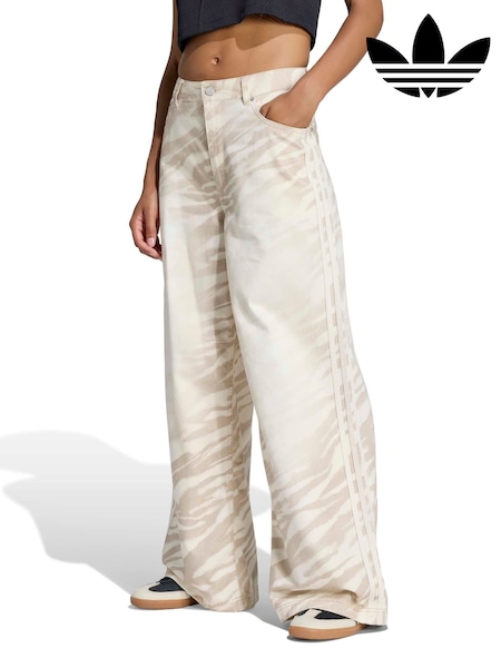 أبيض - Adidas Originals Wide Leg Zebra Denim Jeans