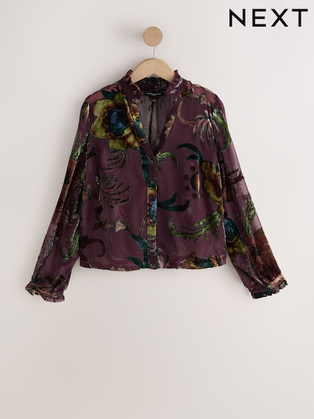 Wine - Kew Collection X Next Floral Burnout Long Sleeve Blouse