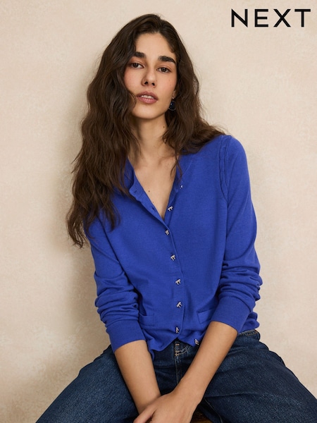 Cobalt Blue Bow Buttons - Soft Touch Cotton Rich Crew Neck Cardigan