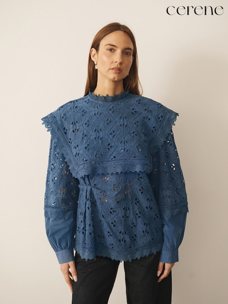 أزرق داكن - Cerene Cotton Long Sleeve Broderie Bib Blouse