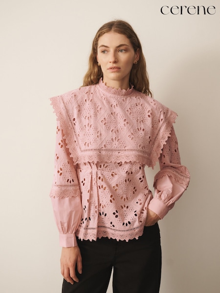 Roz - Cerene Cotton Long Sleeve Broderie Bib Blouse