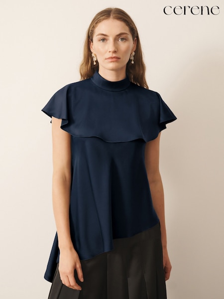 כחול כהה - Cerene Satin Asymmetric Short Sleeve Cape Top