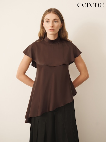 Choklad Brun - Cerene Satin Asymmetric Short Sleeve Cape Top