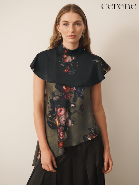Green Majestic Floral Print - Cerene Satin Asymmetric Short Sleeve Cape Top