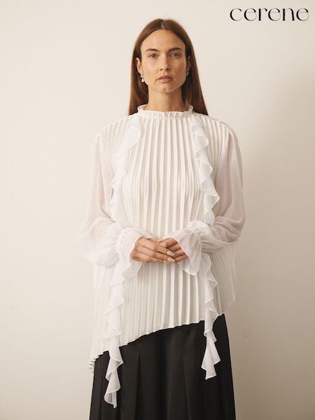 Cream - Cerene Long Sleeve Pleat And Ruffle Satin Blouse