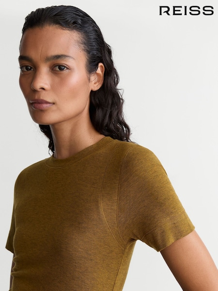 Ochre Green - Reiss Dotty Lyocell-wool Ruched Crew-neck T-shirt
