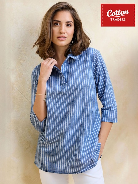 Bleu - Surchemise en lin de coton rayée à manches 3/4