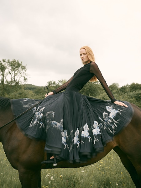 Black Elegance Horse Print - Cerene Pleated Mesh Trim Midi Skirt