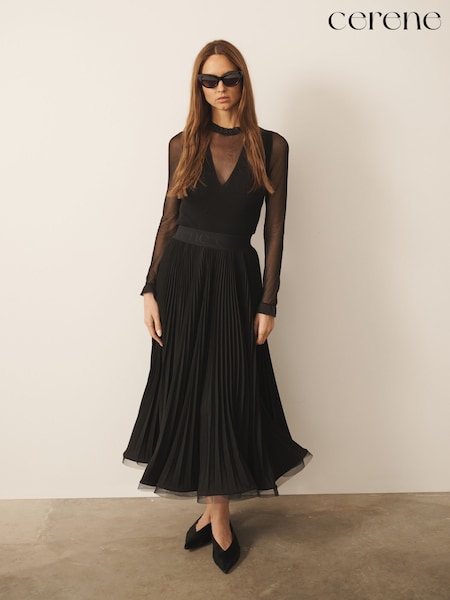 Zwart - Cerene Pleated Mesh Trim Midi Skirt