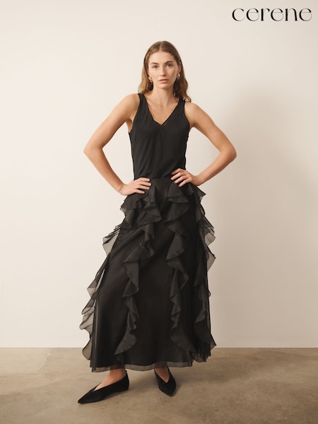 ខ្មៅ - Cerene Organza Ruffle Straight Midi Skirt