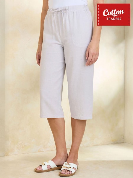 Šedá - Tříčtvrteční kalhoty ze směsi lnu Cotton Traders volného střihu