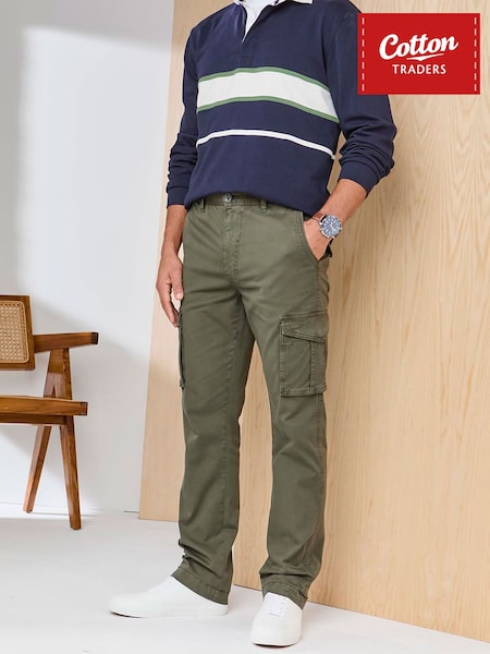 Green - Regular Cotton Traders Signature Stretch Cargo Trousers 31"