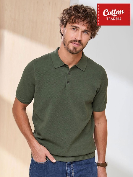 Green - Regular Cotton Traders Short Sleeve Textured Rib Polo Shirt