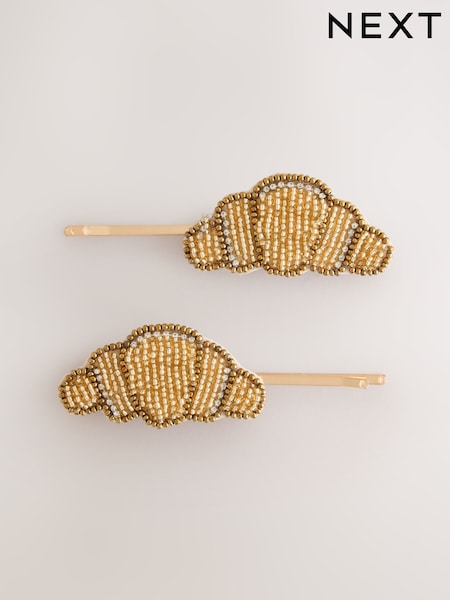 Gold Tone - Croissant Beaded Hair Clips 2 Pack