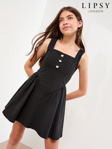 Black - Lipsy Diamante Heart Button Skater Dress (7-15yrs)