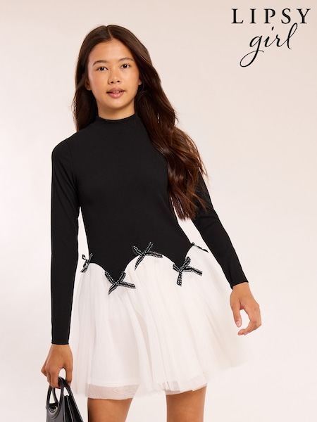Black/White - Lipsy 2-in-1 Tulle Jersey Rib Dress (5-14yrs)