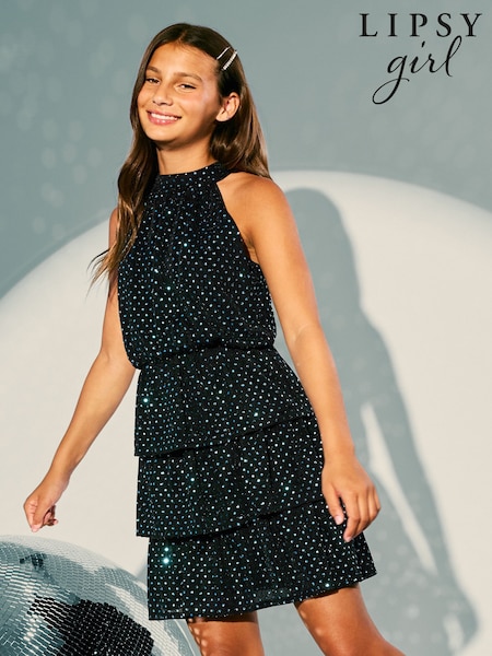 Noir - Lipsy Glitter Sequin Tiered Halter Party Dress (5-16yrs)