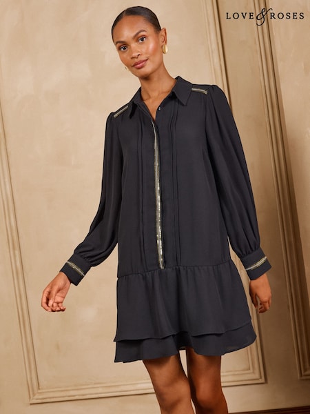 أسود - Love & Roses Sequin Trim Drop Waist Mini Dress