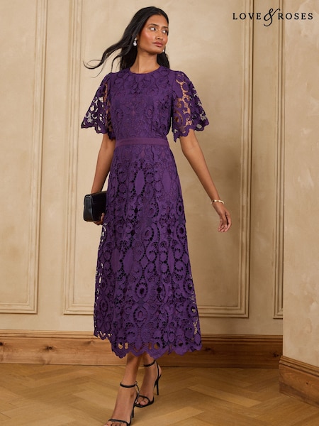 Violet Purple - Love & Roses Lace Angel Sleeve Midi Dress