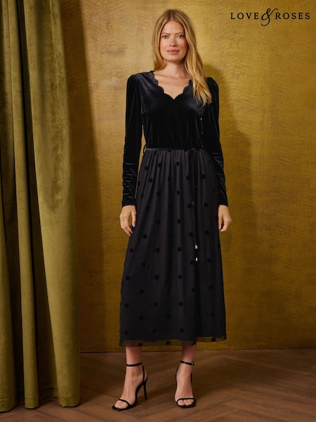 Svart - Love & Roses Velvet Mesh Hybrid Long Sleeve Midi Dress