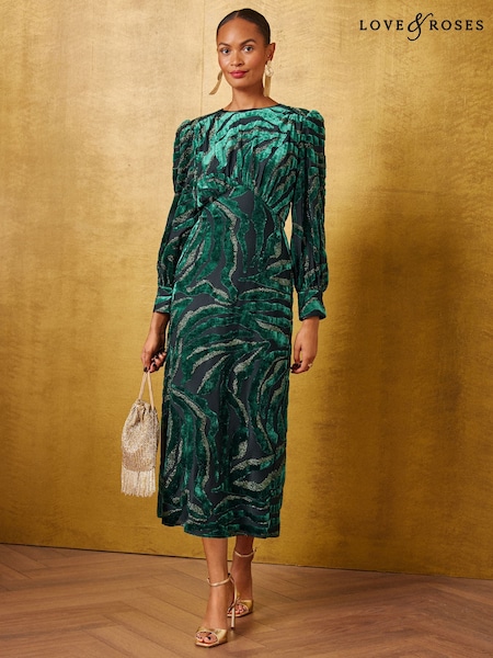 Green Zebra - Love & Roses Metallic Burnout Midi Dress