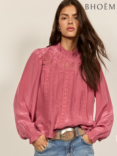 وردي داكن - Embroidered High-neck Blouse