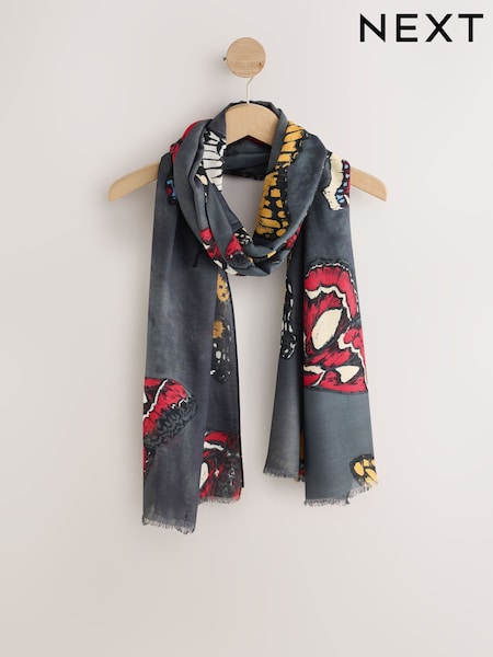 Dark Grey Butterfly Print - Lightweight Scarf