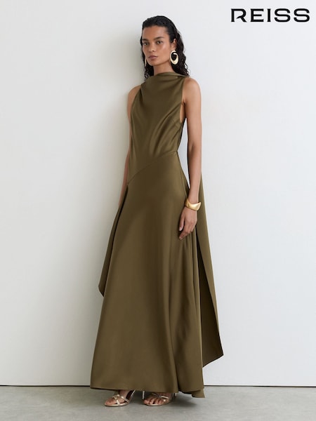 Khaki Vihreä - Reiss Sabine Satin Cape-detail Maxi Dress