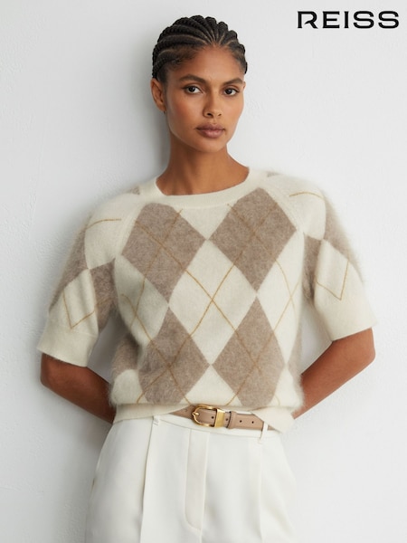 Ivory/Taupe - Reiss Aimee Brushed-cashmere Argyle Knit Top