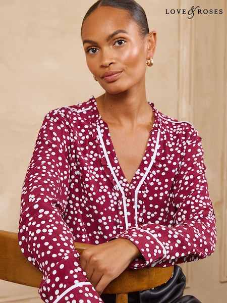 Burgunder Rød - Love & Roses Spot Long Sleeve Button Through Blouse
