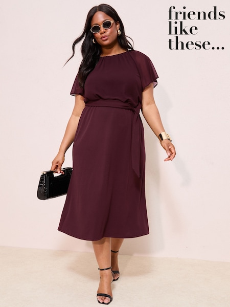 Aubergine Purple - Friends Like These Jersey Chiffon Flutter Sleeve Midi Dress