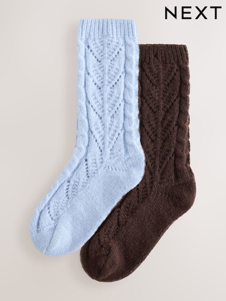 Light Blue/Chocolate Brown - Cable Pointelle Knitted Cosy Ankle Socks 2 Pack