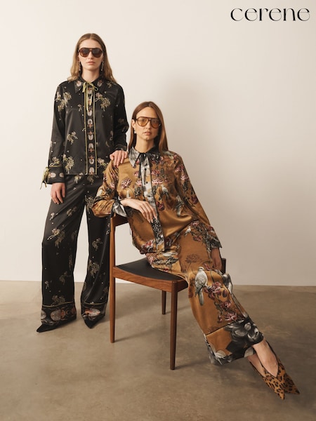 Gold Cerenity - Cerene Floral Print Satin Wide Leg Trousers
