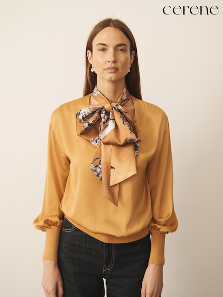 Ochre Yellow Cerenity Print - Cerene Satin Scarf Detail Knitted Back Blouse