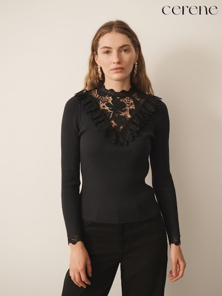 Black - Cerene Contrast Lace Panel And Cuff Jumper