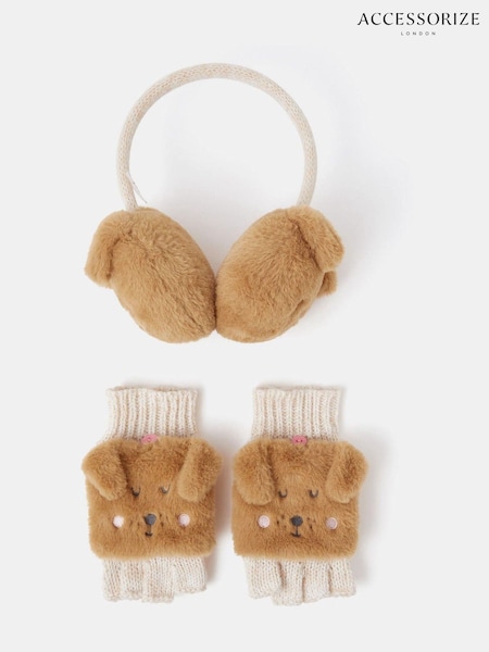 Accessorize Natural Girls Dog Faux Fur Earmuffs & Mittens Set (W03872) | AED178