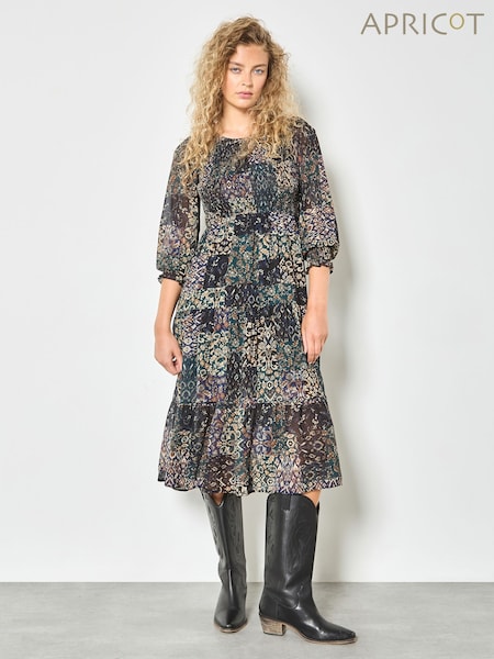 Apricot Green Folk Ikat Smocked Midi Dress (W04087) | €59