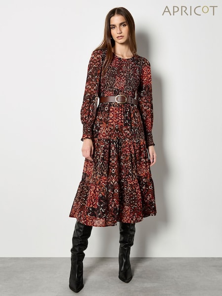 Apricot Red Folk Ikat Smocked Midi Dress (W04089) | €59