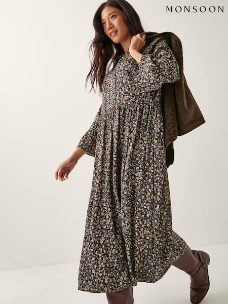 Monsoon Black Harriet Floral Embellished Midi Dress (W04126) | €119