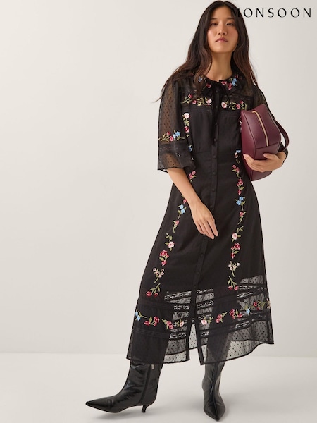 Monsoon Black Alyssa Floral Embroidered Lace Midi Dress (W04133) | €114