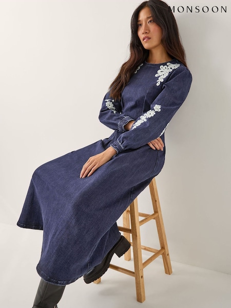 Monsoon Blue Eileen Embroidered Denim Midi Dress (W04138) | €112