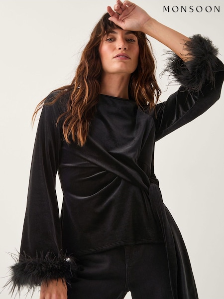 Monsoon Black Freya Feather Velvet Top (W04139) | €87