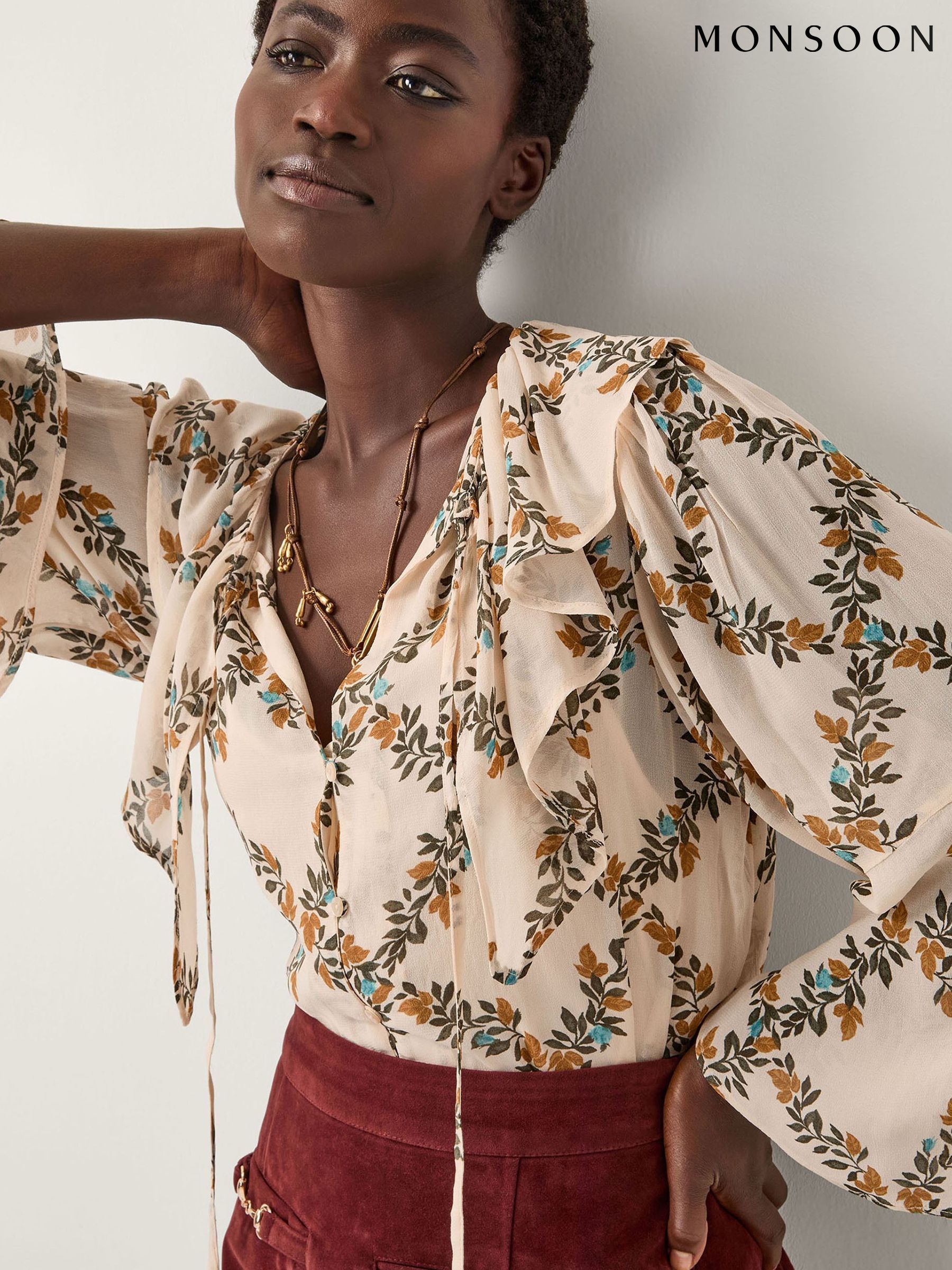 Buy Women's Tops Cream Print Ruffle Online | Next USA