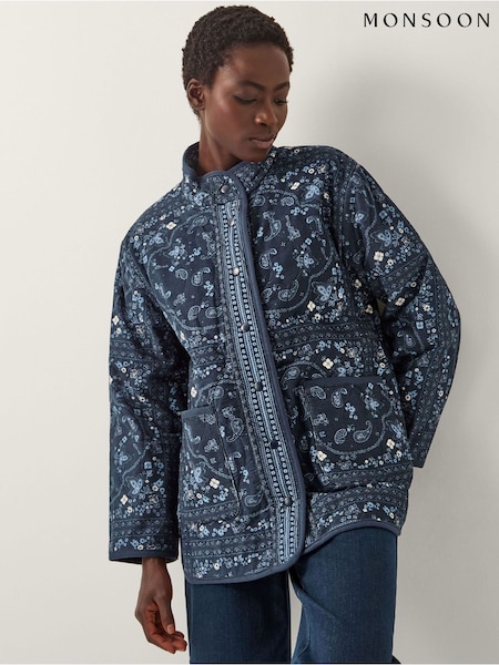 Monsoon Blue Mandy Paisley Print Quilted Corduroy Jacket (W04146) | €165