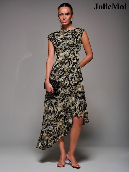 Jolie Moi Animal Asymmetrical Draped Mesh Midaxi Dress (W04233) | €95