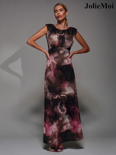 Jolie Moi Pink Slash Neck Fit and Flare Mesh Maxi Dress (W04234) | €95