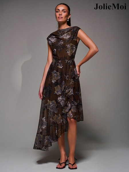 Jolie Moi Brown Asymmetrical Draped Mesh Midaxi Dress (W04236) | €95