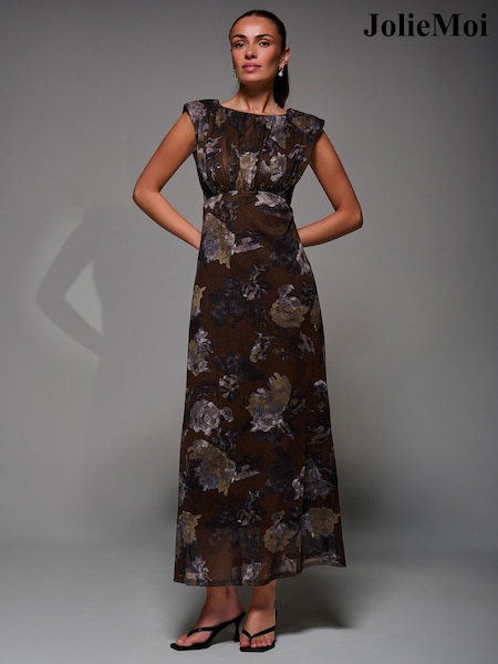 Jolie Moi Brown Slash Neck Fit and Flare Mesh Maxi Dress (W04241) | €95