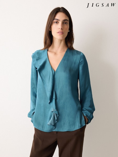 Jigsaw Blue Satin Frill Blouse (W04269) | €126