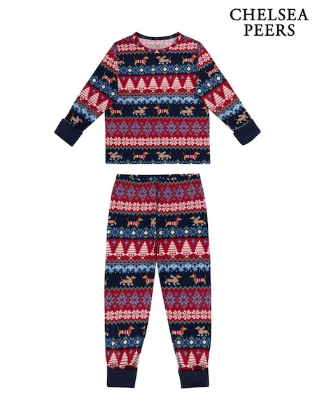 Chelsea Peers Blue Christmas Dog Fair Isle Print Long Pyjamas Set (W04365) | €25